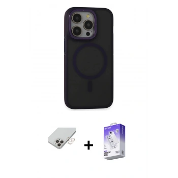 ieg™ iPhone 14 Pro Max Kılıf Ahenk Form Serisi - Siyah Bilvis 5in1 3D Magic Cam Ekran Koruyucu + Gold Band Metal Kamera Lens
