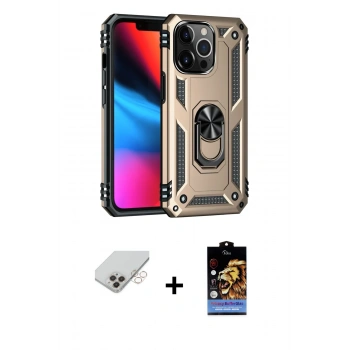 ieg™ iPhone 14 Pro Max Kılıf Ahenk Klasik Koleksiyonu - Siyah Buffer Hayalet Cam Ekran Koruyucu + Gold Band Metal Kamera Lens