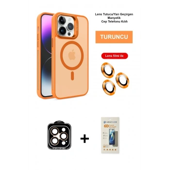 ieg™ iPhone 14 Pro Max Kılıf Akış Form - Siyah 6D Mat Seramik Hayalet Nano Ekran Koruyucu + Turuncu PVD Metal Kamera Lens
