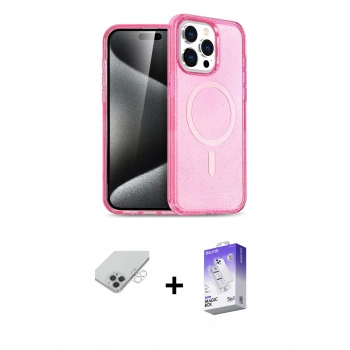 ieg™ iPhone 14 Pro Max Kılıf Eksen Doku Koleksiyonu - Siyah Bilvis 5in1 3D Magic Cam Ekran Koruyucu + Gümüş Band Metal Kamera Lens