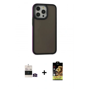 ieg™ iPhone 14 Pro Max Kılıf Eksen Işık - Siyah Buffer Cam Ekran Koruyucu + Gold Bilvis Titan Kamera Lens