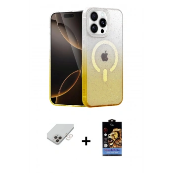 ieg™ iPhone 14 Pro Max Kılıf Eksen Minimal Özel Seri - Siyah Buffer Hayalet Cam Ekran Koruyucu + Gold Band Metal Kamera Lens