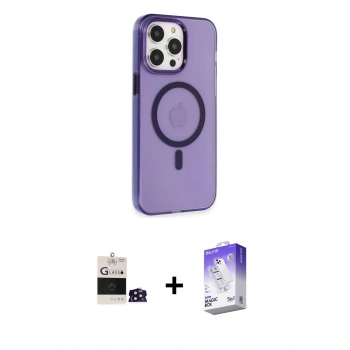 ieg™ iPhone 14 Pro Max Kılıf Kıvılcım Asil Özel Seri - Siyah Bilvis 5in1 3D Magic Cam Ekran Koruyucu + Derin Mor Bilvis Titan Kamera Lens