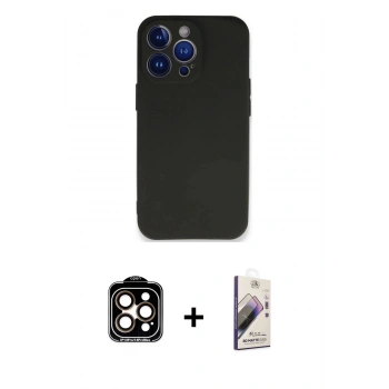 ieg™ iPhone 14 Pro Max Kılıf Kozmos Yansıma Özel Seri - Siyah Bilvis 3D Mat Cam Ekran Koruyucu + Turuncu PVD Metal Kamera Lens