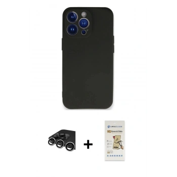 ieg™ iPhone 14 Pro Max Kılıf Kozmos Yansıma Özel Seri - Siyah Mat Seramik Nano Ekran Koruyucu + Gümüş Raze Metal Kamera Lens