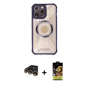 ieg™ iPhone 14 Pro Max Kılıf Kutup Modern - Siyah Buffer Cam Ekran Koruyucu + Gold Raze Metal Kamera Lens