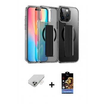 ieg™ iPhone 14 Pro Max Kılıf Nova Işık Koleksiyonu - Siyah Buffer Hayalet Cam Ekran Koruyucu + Gold Band Metal Kamera Lens