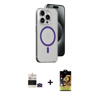 ieg™ iPhone 14 Pro Max Kılıf Odak Form Özel Seri - Siyah Buffer Cam Ekran Koruyucu + Derin Mor Bilvis Titan Kamera Lens