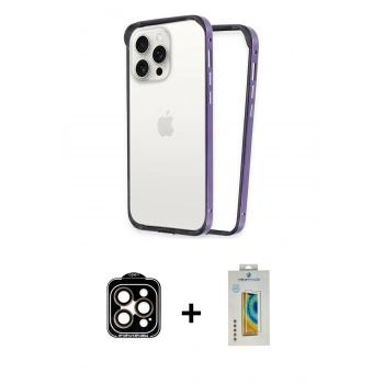 ieg™ iPhone 14 Pro Max Kılıf Pusula Asil Koleksiyonu - Siyah Polymer Nano Ekran Koruyucu + Turuncu PVD Metal Kamera Lens