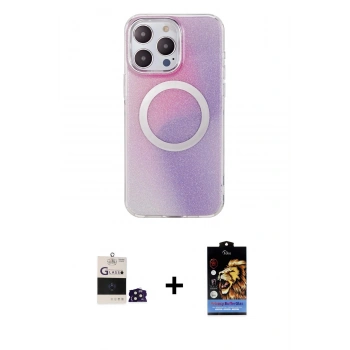 ieg™ iPhone 14 Pro Max Kılıf Pusula Form - Siyah Buffer Hayalet Cam Ekran Koruyucu + Derin Mor Bilvis Titan Kamera Lens
