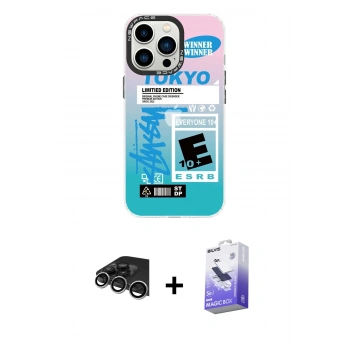 ieg™ iPhone 14 Pro Max Kılıf Siluet Çizgi Koleksiyonu - Siyah Bilvis 5in1 5D Magic Hayalet Cam Ekran Koruyucu + Gümüş Raze Metal Kamera Lens