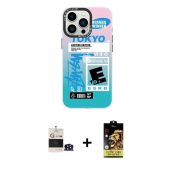 ieg™ iPhone 14 Pro Max Kılıf Siluet Çizgi Koleksiyonu - Siyah Buffer Cam Ekran Koruyucu + Siyah Bilvis Titan Kamera Lens