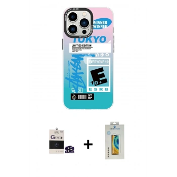 ieg™ iPhone 14 Pro Max Kılıf Siluet Çizgi Koleksiyonu - Siyah Polymer Nano Ekran Koruyucu + Derin Mor Bilvis Titan Kamera Lens