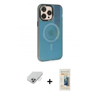 ieg™ iPhone 14 Pro Max Kılıf Siluet Modern Koleksiyonu - Siyah 6D Mat Seramik Hayalet Nano Ekran Koruyucu + Gümüş Band Metal Kamera Lens