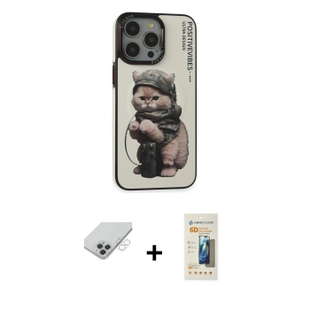 ieg™ iPhone 14 Pro Max Kılıf Siluet Modern Özel Seri - Siyah 6D Mat Seramik Hayalet Nano Ekran Koruyucu + Gümüş Band Metal Kamera Lens
