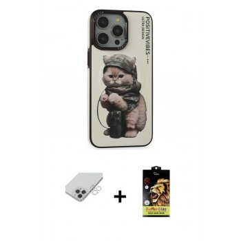 ieg™ iPhone 14 Pro Max Kılıf Siluet Modern Özel Seri - Siyah Buffer Cam Ekran Koruyucu + Gümüş Band Metal Kamera Lens