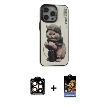 ieg™ iPhone 14 Pro Max Kılıf Siluet Modern Özel Seri - Siyah Buffer Hayalet Cam Ekran Koruyucu + Turuncu PVD Metal Kamera Lens