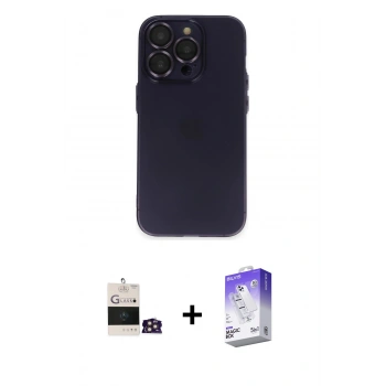 ieg™ iPhone 14 Pro Max Kılıf Ufuk Minimal Özel Seri - Siyah Bilvis 5in1 3D Magic Cam Ekran Koruyucu + Gold Bilvis Titan Kamera Lens