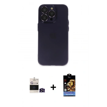 ieg™ iPhone 14 Pro Max Kılıf Ufuk Minimal Özel Seri - Siyah Buffer Hayalet Cam Ekran Koruyucu + Derin Mor Bilvis Titan Kamera Lens