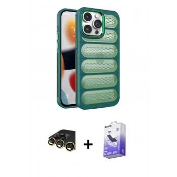 ieg™ iPhone 14 Pro Max Kılıf Yadigar Doku Özel Seri - Siyah Bilvis 5in1 5D Magic Hayalet Cam Ekran Koruyucu + Gold Raze Metal Kamera Lens