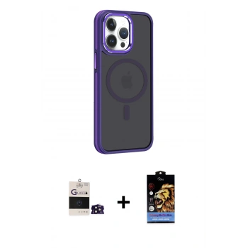 ieg™ iPhone 14 Pro Max Kılıf Yörünge Klasik - Siyah Buffer Hayalet Cam Ekran Koruyucu + Derin Mor Bilvis Titan Kamera Lens
