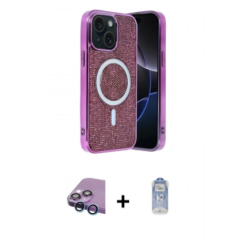 ieg™ iPhone 15 Kılıf Eksen Çizgi - Siyah Joko Magic 5D Cam + Mavi Raze Metal Kamera Lens