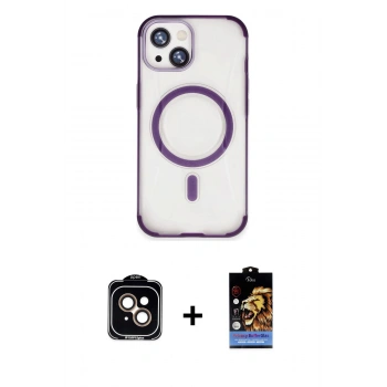 ieg™ iPhone 15 Kılıf Eksen Klasik Koleksiyonu - Siyah Buffer Hayalet Cam Ekran Koruyucu + Turuncu PVD Metal Kamera Lens