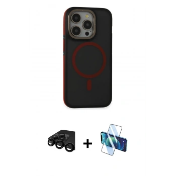 ieg™ iPhone 15 Pro Max Kılıf Ahenk Form Serisi - Siyah 3D Antistatik Seramik Nano Ekran Koruyucu + Siyah Raze Metal Kamera Lens