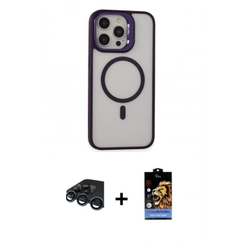 ieg™ iPhone 15 Pro Max Kılıf Ahenk Klasik Özel Seri - Siyah Buffer Hayalet Cam Ekran Koruyucu + Lacivert Raze Metal Kamera Lens