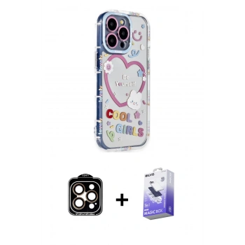 ieg™ iPhone 15 Pro Max Kılıf Ahenk Modern Serisi - Siyah Bilvis 5in1 5D Magic Hayalet Cam Ekran Koruyucu + Turuncu PVD Metal Kamera Lens