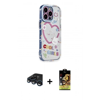 ieg™ iPhone 15 Pro Max Kılıf Ahenk Modern Serisi - Siyah Buffer Cam Ekran Koruyucu + Lacivert Raze Metal Kamera Lens