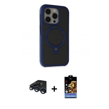 ieg™ iPhone 15 Pro Max Kılıf Ahenk Yansıma Özel Seri - Siyah Buffer Hayalet Cam Ekran Koruyucu + Lacivert Raze Metal Kamera Lens