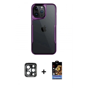 ieg™ iPhone 15 Pro Max Kılıf Akış Çizgi Koleksiyonu - Siyah Buffer Hayalet Cam Ekran Koruyucu + Lacivert PVD Metal Kamera Lens