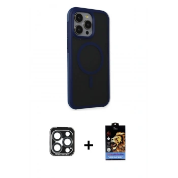 ieg™ iPhone 15 Pro Max Kılıf Çekirdek Yansıma Prime - Siyah Buffer Hayalet Cam Ekran Koruyucu + Lacivert PVD Metal Kamera Lens