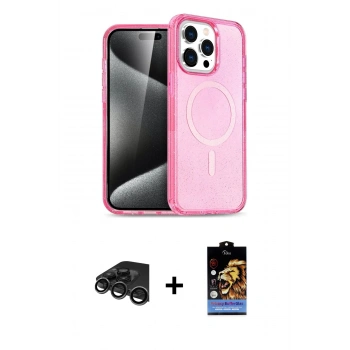 ieg™ iPhone 15 Pro Max Kılıf Eksen Doku Koleksiyonu - Siyah Buffer Hayalet Cam Ekran Koruyucu + Titanyum Gri Raze Metal Kamera Lens