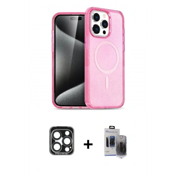 ieg™ iPhone 15 Pro Max Kılıf Eksen Doku Koleksiyonu - Siyah Vanessa Magic Hayalet Cam + Lacivert PVD Metal Kamera Lens