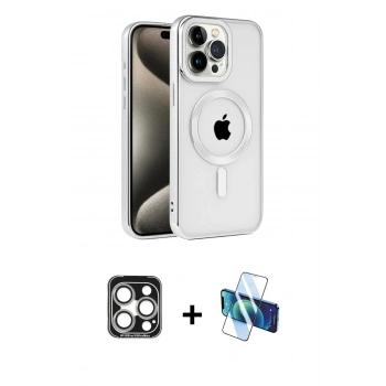 ieg™ iPhone 15 Pro Max Kılıf Eksen Form Koleksiyonu - Siyah 3D Antistatik Seramik Nano Ekran Koruyucu + Gümüş PVD Metal Kamera Lens