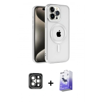 ieg™ iPhone 15 Pro Max Kılıf Eksen Form Koleksiyonu - Siyah Bilvis 5in1 5D Magic Hayalet Cam Ekran Koruyucu + Gri PVD Metal Kamera Lens