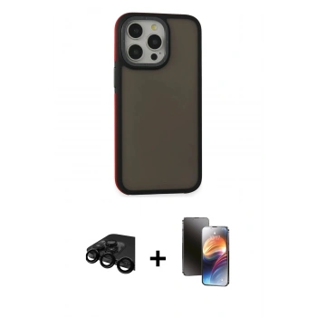 ieg™ iPhone 15 Pro Max Kılıf Eksen Işık - Siyah 3D Antistatik Mat Seramik Nano Ekran Koruyucu + Siyah Raze Metal Kamera Lens