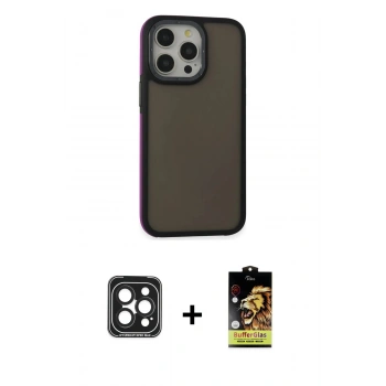 ieg™ iPhone 15 Pro Max Kılıf Eksen Işık - Siyah Buffer Cam Ekran Koruyucu + Siyah PVD Metal Kamera Lens