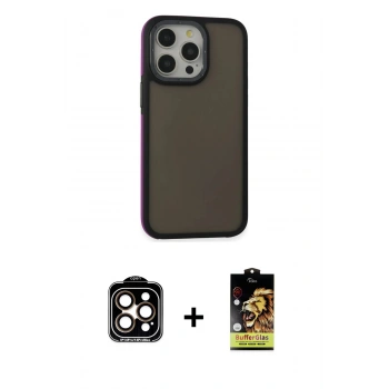 ieg™ iPhone 15 Pro Max Kılıf Eksen Işık - Siyah Buffer Cam Ekran Koruyucu + Turuncu PVD Metal Kamera Lens