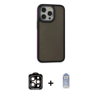 ieg™ iPhone 15 Pro Max Kılıf Eksen Işık - Siyah Joko Magic 5D Cam + Turuncu PVD Metal Kamera Lens