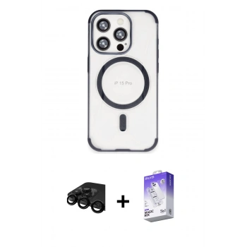 ieg™ iPhone 15 Pro Max Kılıf Eksen Klasik Koleksiyonu - Siyah Bilvis 5in1 3D Magic Cam Ekran Koruyucu + Siyah Raze Metal Kamera Lens