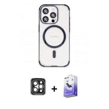 ieg™ iPhone 15 Pro Max Kılıf Eksen Klasik Koleksiyonu - Siyah Bilvis 5in1 5D Magic Hayalet Cam Ekran Koruyucu + Gri PVD Metal Kamera Lens