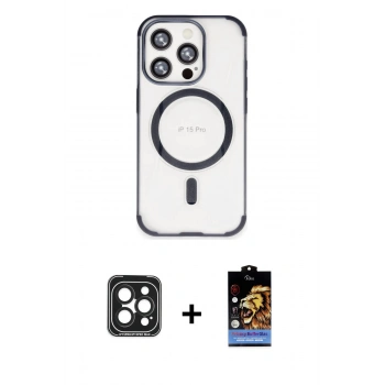 ieg™ iPhone 15 Pro Max Kılıf Eksen Klasik Koleksiyonu - Siyah Buffer Hayalet Cam Ekran Koruyucu + Siyah PVD Metal Kamera Lens