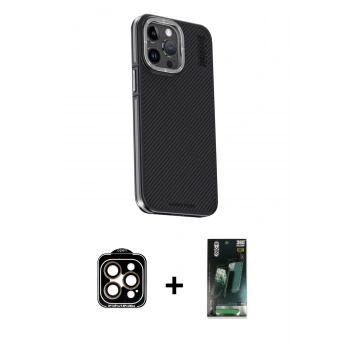 ieg™ iPhone 15 Pro Max Kılıf Kıvılcım Modern Özel Seri - Siyah 360 Mat Full Body Arka Koruyucu + Turuncu PVD Metal Kamera Lens