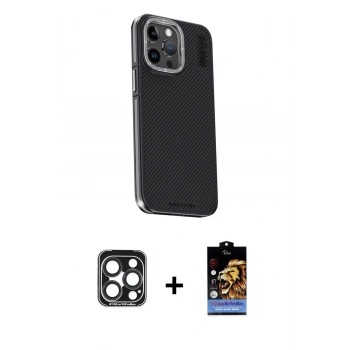 ieg™ iPhone 15 Pro Max Kılıf Kıvılcım Modern Özel Seri - Siyah Buffer Hayalet Cam Ekran Koruyucu + Lacivert PVD Metal Kamera Lens