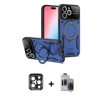 ieg™ iPhone 15 Pro Max Kılıf Kıvılcım Modern Serisi - Siyah Vanessa Magic Hayalet Cam + Lacivert PVD Metal Kamera Lens