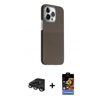 ieg™ iPhone 15 Pro Max Kılıf Kozmos Klasik Prime - Siyah Buffer Hayalet Cam Ekran Koruyucu + Titanyum Gri Raze Metal Kamera Lens