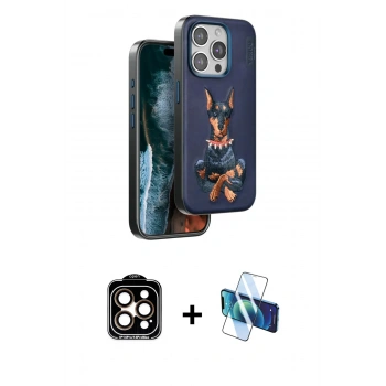 ieg™ iPhone 15 Pro Max Kılıf Nova Form Koleksiyonu - Siyah 3D Antistatik Cam Ekran Koruyucu + Turuncu PVD Metal Kamera Lens